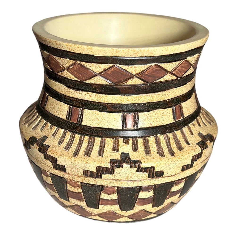 Aztec Design carved segmented hand painted vase Made in India 4" tall and wide - Picture 7 of 13